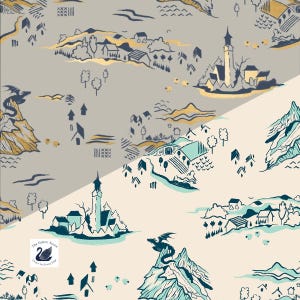 May include: A fabric print featuring a fantasy map design with two distinct color sections. One side is grey with dark blue and gold illustrations of mountains, a castle, a dragon, and sheep. The other side is cream with teal and dark blue details.