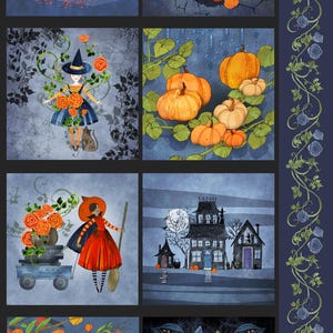 May include: A fabric panel featuring eight square illustrations and a vertical border strip. The designs include a witch under a moon, a blue rose with orange pumpkins, a witch with a cat, pumpkins on vines, a witch with a wagon, a haunted house, a black crow, and a witch with a blue rose. The color palette is primarily dark blue, orange, and black.