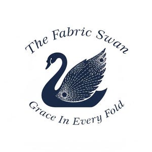 May include: A dark blue logo featuring a stylized swan with a sunburst pattern on its wing. The text The Fabric Swan is arched above the swan, and the text Grace In Every Fold is arched below the swan, all set against a plain white background.
