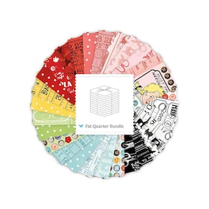 May include: A circular arrangement of colorful fabric fat quarters. The fabrics feature various patterns, including measuring tapes, polka dots, and sewing-themed illustrations. A white card with the text "Fat Quarter Bundle" is in the center.