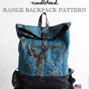 May include: A roll-top backpack featuring a teal fabric with a gold dragon and foliage pattern, a black base with orange speckles, a black plastic buckle, and a gold zipper. The text reads noodlehead RANGE BACKPACK PATTERN and Made in USA.