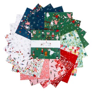 May include: A fabric layer cake bundle featuring a variety of square cotton prints with Nutcracker-themed illustrations, including dancers, soldiers, and holiday gifts in red, green, pink, and navy blue, wrapped with a white paper band.