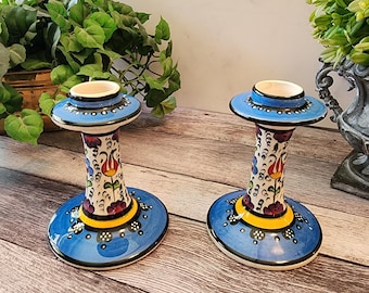 Handmade Pair of Painted Ceramic Candlestick Holders