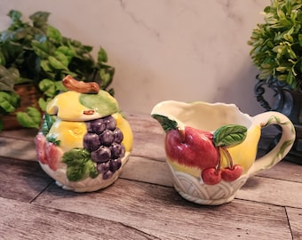 Juego de azucarero y lechera vintage Otagiri "Cesta de Frutas"