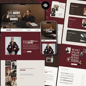 May include: A digital display of a website design for a creative agency featuring a dark red and cream colour palette. The layout includes a hero section with the text The Agency Behind The Brands, brand logos, service categories, and photography.