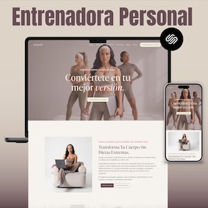 Może przedstawiać: Laptop i smartfon wyświetlają stronę internetową z tekstem "Entrenadora Personal" i "Conviértete en tu mejor versión." Strona prezentuje zdjęcia kobiet w odzieży sportowej i tekst promocyjny.