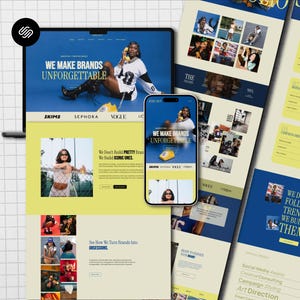 May include: A digital display showing a marketing agency website design on a laptop screen and a smartphone screen, featuring blue and yellow colour blocks, photography of people, and the text We Make Brands Unforgettable and We Don't Follow Trends.
