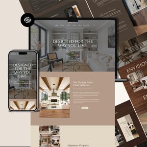 May include: A laptop and smartphone displaying a website with the text "DESIGNED FOR THE WAY YOU LIVE." The interface features interior design photography, neutral brown and beige colour palettes, and sections titled "ENVISION," "CREATE," and "ENJOY."