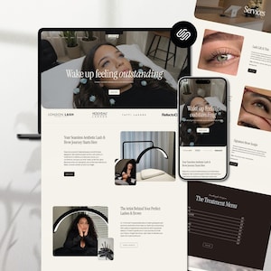 Può includere: Una visualizzazione digitale di un sito web di un salone di bellezza su uno schermo di un portatile e uno smartphone, con il testo Wake up feeling outstanding, menu di servizi per ciglia e sopracciglia e foto di trattamenti estetici.