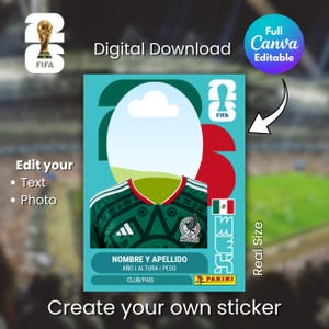 Puede incluir: Plantilla de pegatina de descarga digital con un diseño de camiseta de fútbol mexicana verde y blanca. La plantilla incluye áreas de texto y foto editables, con el texto "NOMBRE Y APELLIDO" y "Create your own sticker". El diseño está etiquetado como "Full Canva Editable".