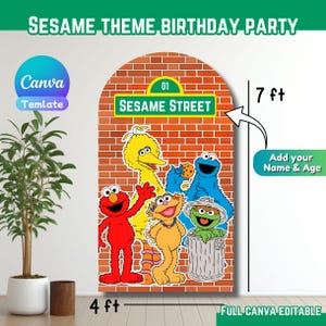 Op de afbeelding: Een achtergrond voor een verjaardagsfeestje met het thema Sesamstraat, 122 cm breed en 213 cm hoog, met Elmo, Big Bird, Cookie Monster en andere personages. Het ontwerp bevat een bakstenen muurachtergrond en de woorden "Sesamstraat".