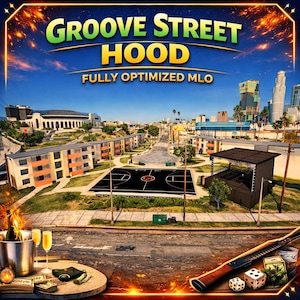 以下が含まれることがあります： 「GROOVE STREET HOOD」と「FULLY OPTIMIZED MLO」のテキストが入った都市景観を描いたデジタルアート。バスケットボールコート、建物、背景の都市景観が含まれています。シャンパングラスとサイコロが前景にあります。