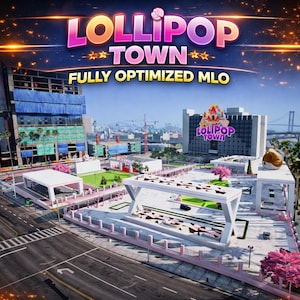 Op de afbeelding: Een digitale weergave van een stadsgezicht met de tekst "LOLLIPOP TOWN" in roze en goud. De afbeelding toont gebouwen, wegen en een dakoppervlak met een decoratief ontwerp. De woorden "FULLY OPTIMIZED MLO" zijn ook zichtbaar.