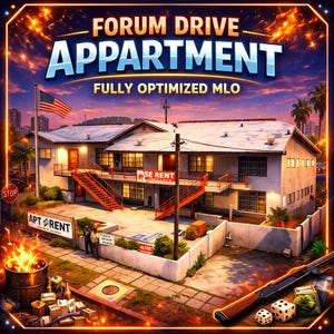 Puede incluir: Imagen ilustrada de un complejo de apartamentos con el texto "FORUM DRIVE APPARTMENT" y "FULLY OPTIMIZED MLO". La imagen incluye una bandera estadounidense, un letrero de "SE RENT" y un barril en llamas.