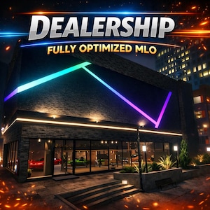 Op de afbeelding: Een nachtelijke buitenkant van een modern autodealergebouw. Het gebouw heeft grote glazen ramen en wordt verlicht door neonlichten. De tekst "DEALERSHIP" en "FULLY OPTIMIZED MLO" staat bovenaan het gebouw.