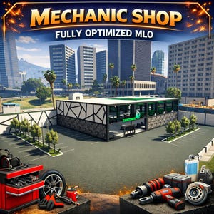 May include: An image of a mechanic shop with the text "MECHANIC SHOP" and "FULLY OPTIMIZED MLO". The shop has a modern design with a green and white color scheme. Tools and equipment are visible in the foreground.