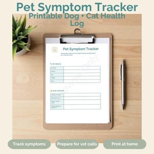 Op de afbeelding: Een klembord met een afgedrukt "Pet Symptom Tracker" formulier, een pen en een kleine potplant op een houten oppervlak. Het formulier bevat secties voor basisinformatie over huisdieren en belangrijkste zorgen. De tekst bovenaan luidt "Pet Symptom Tracker Printable Dog + Cat Health Log."