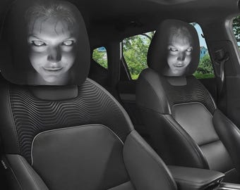2 fundas para reposacabezas con caras de terror de Halloween / Fundas para asientos de coche aterradoras / Fundas elásticas universales para reposacabezas con diseño de fantasmas / Decoración espeluznante para coche de Halloween