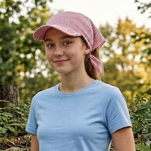 Op de afbeelding: Een oudroze bandana-stijl hoofddeksel met een verstevigde klep en een klassiek paisley-patroon. Het hoofddeksel heeft een driehoekig achterpand dat in de nek wordt gestrikt en is gemaakt van een zachte stof in een gedempte roze tint.