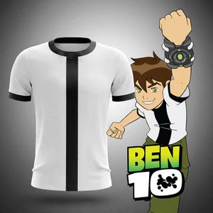 May include: A white short-sleeved t-shirt featuring a prominent black vertical stripe down the center and black trim on the crew neckline and sleeve cuffs. Next to the shirt is a cartoon illustration of Ben 10 with the text Ben 10 below.