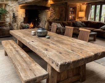 Handmade Solid Wood Farmhouse Dining Table, Rustic Kitchen Furniture, Custom Bench Option