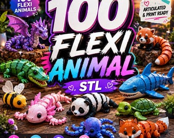 100 Flexi Animal STL Bundle | Articulated 3D Print Files | Cute Flexi Creatures Pack | Dragon Cat Dog Turtle Dinosaur STL Models