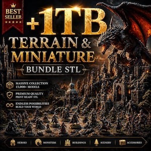 Op de afbeelding: Promotieafbeelding voor een terrein- en miniatuurpakket STL. De afbeelding toont een draak, een kasteel en miniatuurfiguren. Tekst omvat "+1TB", "Terrain & Miniature Bundle STL" en "Best Seller". De afbeelding bevat ook "Heroes", "Monsters", "Buildings", "Scenery" en "Accessories".