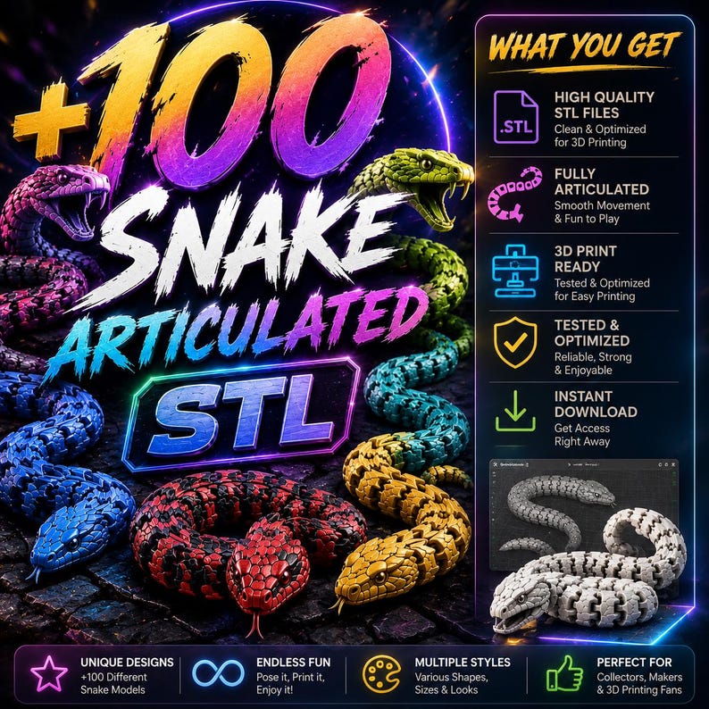 100 Snake Articulated STL Bundle | Flexi Snake 3D Print Files | Cobra ...