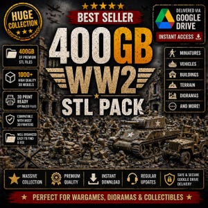Könnte beinhalten: Werbung für ein digitales WWII STL-Paket. Das Bild zeigt einen Panzer, Soldaten und einen Jeep. Der Text enthält "400GB", "WW2 STL Pack" und "Perfekt für Wargames, Dioramen & Sammlerstücke". Das Paket enthält über 1000 3D-Modelle.