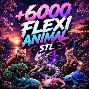 May include: A vibrant digital illustration showcases a collection of 3D-printed flexi animals, including a red panda, fox, dragon, shark, axolotl, and turtle. The image features the text "+6000 FLEXI ANIMAL STL" in a colorful, eye-catching design, set against a scenic backdrop.