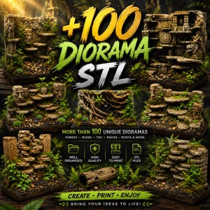 Può includere: Una collezione digitale di oltre 100 file STL di diorami con rovine in pietra, teste tiki, radici di foresta e paesaggi rocciosi. L'immagine mostra varie scene in miniatura con texture muschiose, vegetazione e sculture in pietra, etichettate con +100 DIORAMA STL.