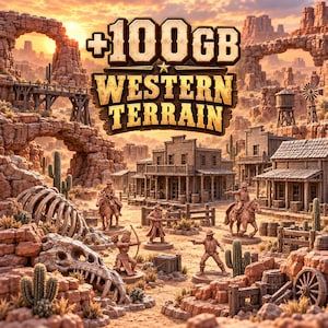 Könnte beinhalten: Eine digitale Grafik mit dem Text +100GB WESTERN TERRAIN über einer Miniatur-Tischszene einer Wüstenlandschaft mit Holzgebäuden, Kakteen, einem großen Tierskelett und mehreren kleinen Figuren von Menschen zu Pferd und zu Fuß.