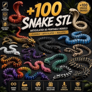 100 Snake Articulated STL Bundle | Flexi Snake 3D Print Files | Cobra Python Viper Serpent Models | Fidget Toy STL Pack | Instant Download