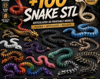 100 Snake Articulated STL Bundle | Flexi Snake 3D Print Files | Cobra Python Viper Serpent Models | Fidget Toy STL Pack | Instant Download