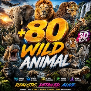 Puede incluir: Una vibrante ilustración digital con una variedad de animales salvajes, incluyendo un león, un elefante y un tigre. La imagen muestra prominentemente el texto "80 WILD ANIMAL" en letras doradas, con texto adicional que indica "HIGH QUALITY 3D MODELS".