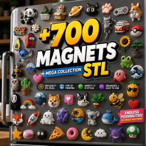 Pode incluir: Uma coleção de mais de 700 ímanes coloridos, incluindo designs de animais, alimentos e personagens, exibidos num frigorífico. Os ímanes têm várias formas e tamanhos, com o texto "+700 MAGNETS STL MEGA COLLECTION".