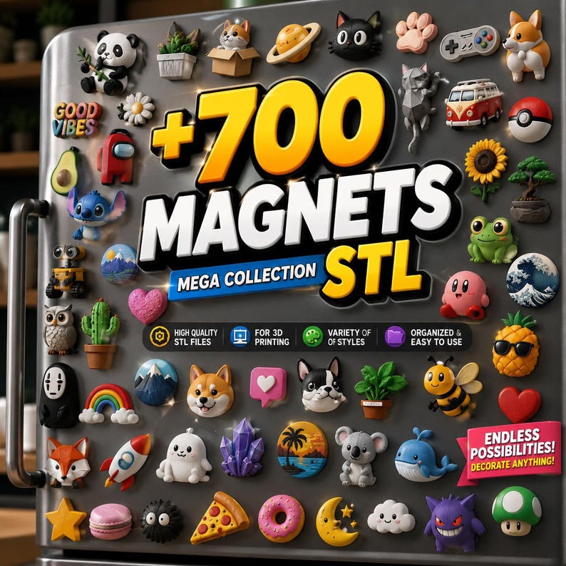 May include: A collection of over 700 colorful magnets, including animal, food, and character designs, displayed on a refrigerator. The magnets are in various shapes and sizes, with the text "+700 MAGNETS STL MEGA COLLECTION" prominently displayed.