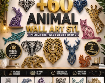 60+ Animal Wall Art STL Bundle | Low Poly Animal Decor | Geometric Animal SVG STL Files | Laser Cut & 3D Print Models | Instant Download