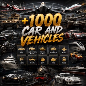 Puede incluir: Un gráfico digital que presenta una colección de varios vehículos, incluidos aviones, tanques, camiones militares, coches deportivos, motocicletas, trenes y barcos. El texto +1000 CAR AND VEHICLES aparece en letras grandes doradas y blancas.