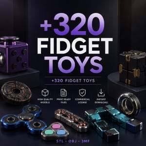 Op de afbeelding: Een collectie van 320 digitale fidget toy modellen waaronder een paarse kubus, zwarte vouwblokken, een cirkelvormig tandwielobject, een blauwe spinner, een kleine driehoekige knop en een metalen ketting, met de tekst +320 FIDGET TOYS.