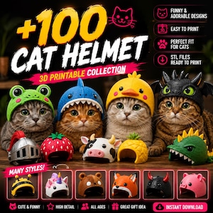 Peut inclure: Collection de casques pour chats imprimables en 3D, avec des modèles variés : grenouille, requin, canard et dragon. L'image présente des chats portant ces casques, ainsi que d'autres designs comme une fraise, une vache et un ananas. Le texte indique "+100 CAT HELMET 3D PRINTABLE COLLECTION".