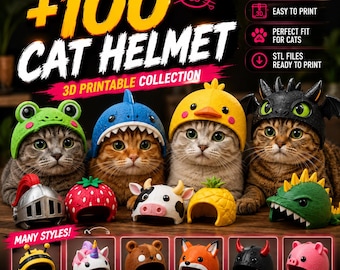100 Cat Helmet STL Bundle | Funny Cat Hat 3D Print Files | Cute Pet Helmet Collection | Printable Cat Accessories | Instant Download