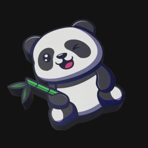 May include: A cartoon panda with black and white fur, winking and holding a green bamboo stalk with leaves. The panda has a pink tongue and is set against a black background.