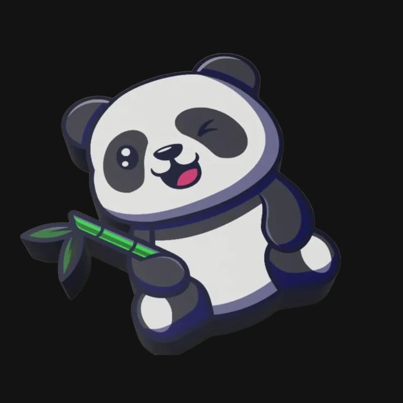 May include: A cartoon panda with black and white fur, winking and holding a green bamboo stalk with leaves. The panda has a pink tongue and is set against a black background.