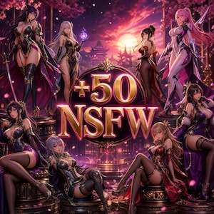 Pode incluir: Uma ilustração digital com sete personagens de estilo anime em trajes escuros e roxos elaborados, dispostos em torno de um emblema circular central com o texto dourado +50 NSFW, contra um fundo de pôr do sol com silhuetas de edifícios.