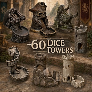 60 tärningstorn STL-paket, fantasy-RPG-tärningstorn, Dungeons & Dragons DnD 3D-utskriftsfiler, bordsspelstillbehör, utskrivbara i harts FDM