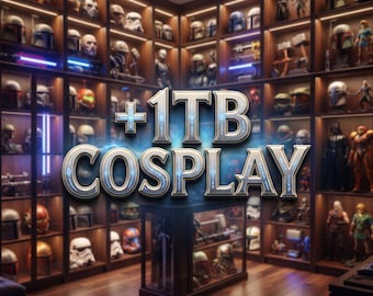 May include: A collection of various character helmets and action figures displayed on illuminated wooden shelves. The text +1TB COSPLAY is centered in the foreground in a metallic, stylized font against a backdrop of organized collectibles.