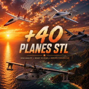 Può includere: Immagine con diversi aerei sullo sfondo di un tramonto. Il testo recita "+40 PLANES STL" con testo aggiuntivo sottostante. Gli aerei includono un idrovolante, un jet da combattimento e un jet privato.