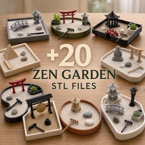 May include: A collection of miniature zen garden kits featuring various trays, sand, rakes, stones, pagodas, bridges, and torii gates, with the text +20 ZEN GARDEN STL FILES displayed in the center of the arrangement of these diverse desktop sets.