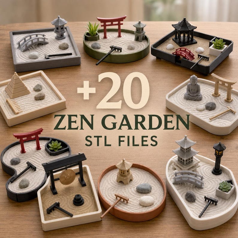 May include: A collection of miniature zen garden kits featuring various trays, sand, rakes, stones, pagodas, bridges, and torii gates, with the text +20 ZEN GARDEN STL FILES displayed in the center of the arrangement of these diverse desktop sets.